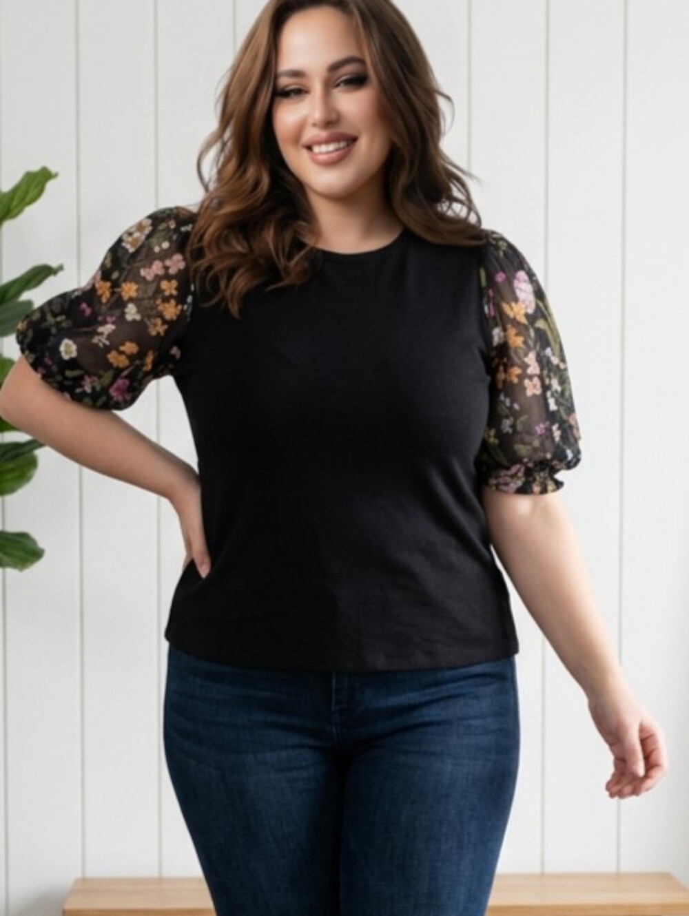 Tahari SZ 2X NWT Black Top With Half Floral Balloon Semi Sheer Sleeves Crew Neck